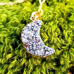 Celestial Crescent Moon Silver Druzy Necklace